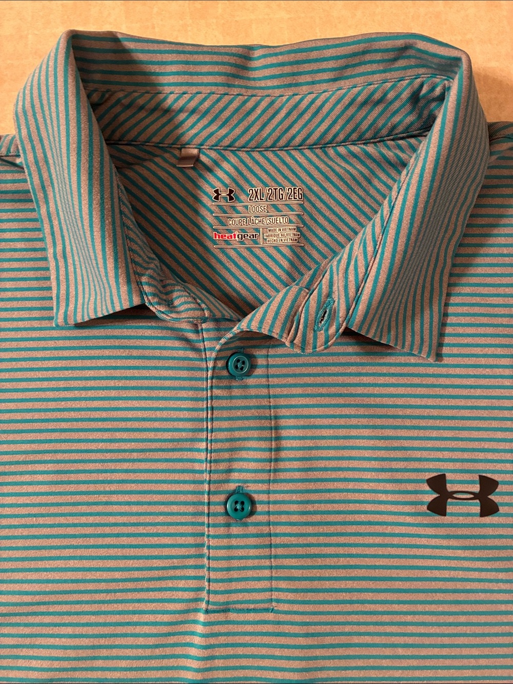 Under Armour Men’s Teal and Gray Striped Performance Golf Polo 2XL Loose Fit